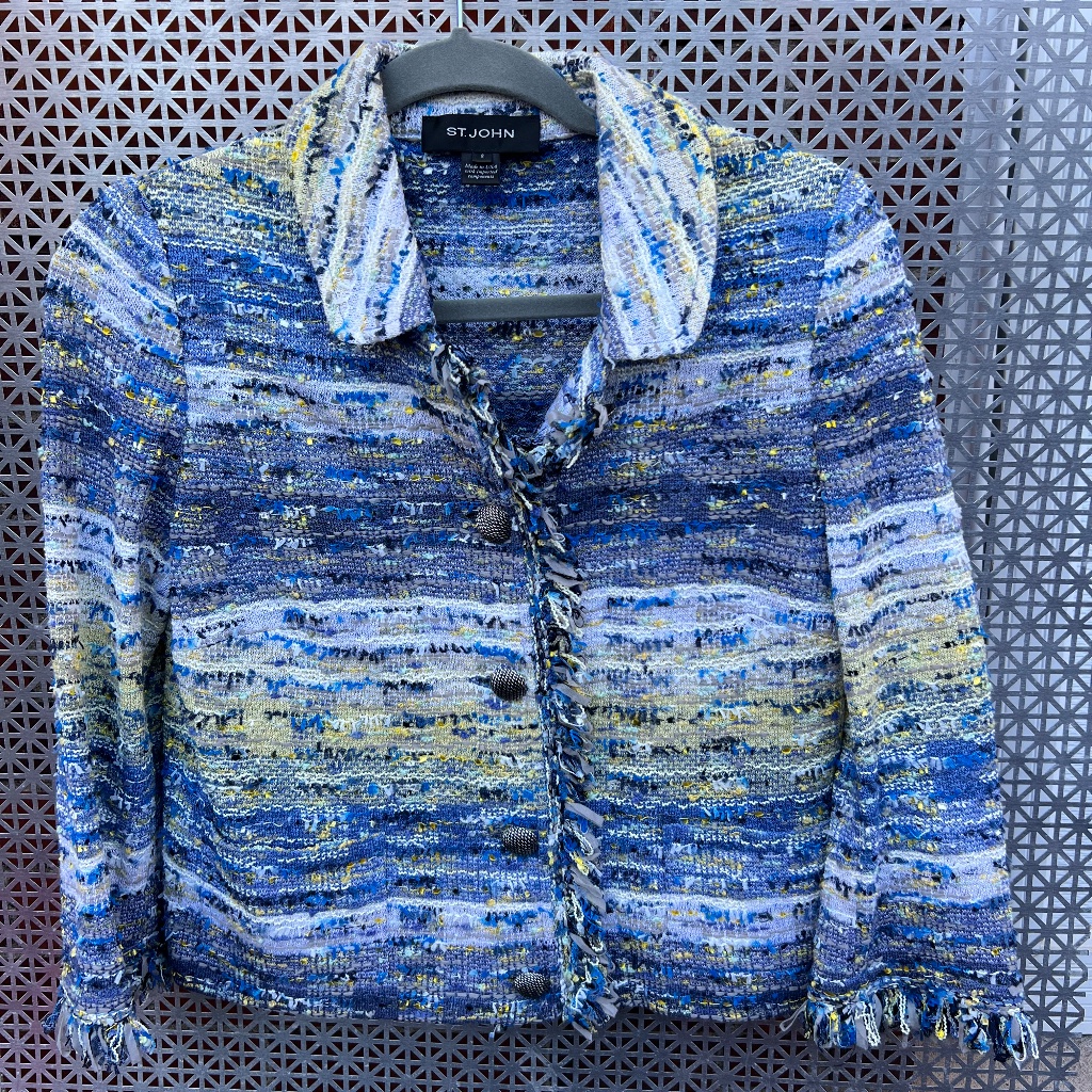 St John Sparkly Boucle Knit Cropped Jacket Size 2: Fringed Jacket In Blue/Yellow